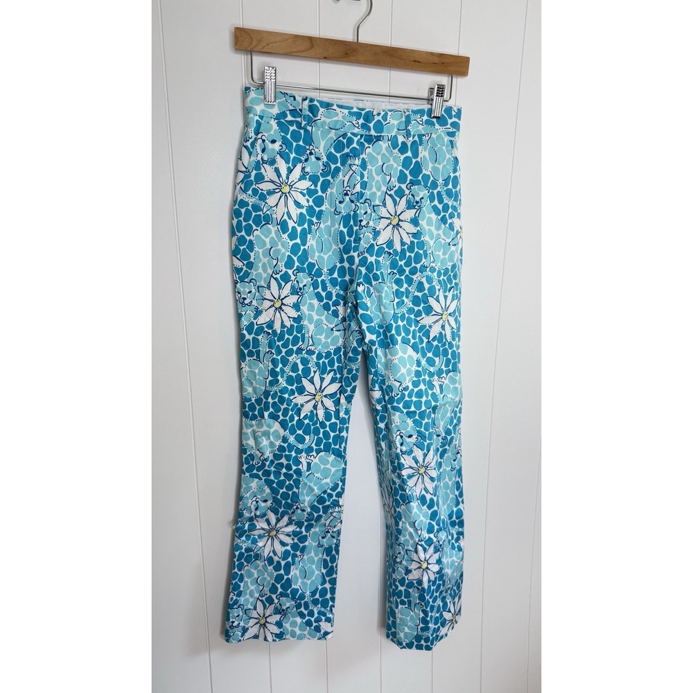 VTG 90s Lilly Pulitzer Leopard Daisy Trousers Stretch Cotton Hi Rise Size 2